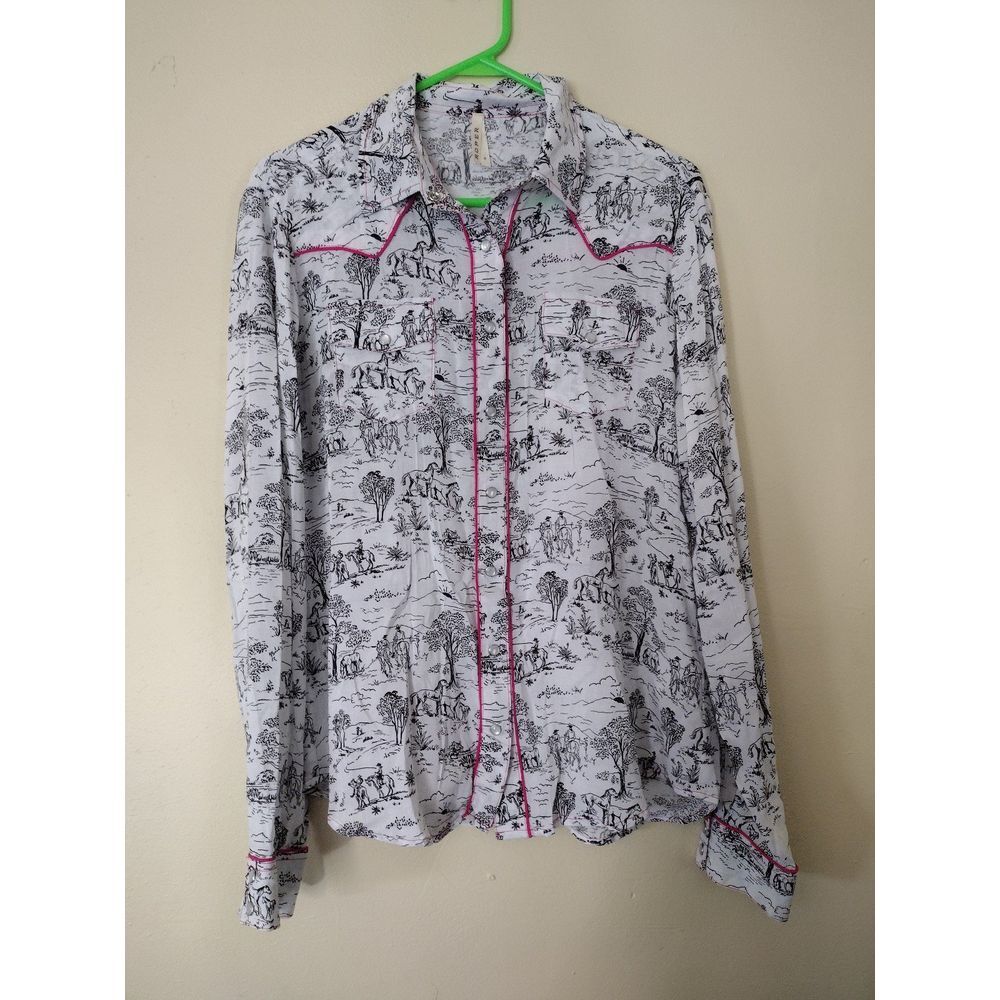 Roper Black and White Button Down Shirt with Pink Trim
